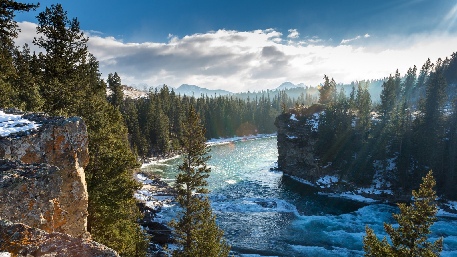 trees, landscape, forest, lake, water, rock, nature, reflection, sky, snow, winter, clouds, mist, waves, cliff, river, Canada, national park, wilderness, stream, mount scenery, Freezing, conifer, Formation, Terrain, cloud, tree, mountain, watercourse, 1920x1080 px, woody plant, mountain range, moraine