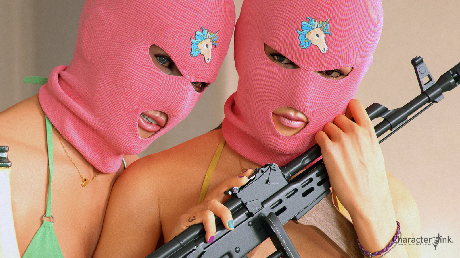 umělecká díla, ArtStation, 3D, CGI, poskytnout, ženy, two women, maska, kulomet, zbraň, dívky s zbraněmi