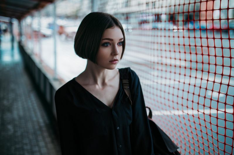 ženy, model, odvrátila, modré oči, krátké vlasy, bruneta