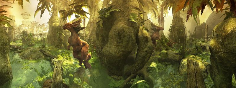 slunečnímu záření, les, fantasy umění, zelená, džungle, bažina