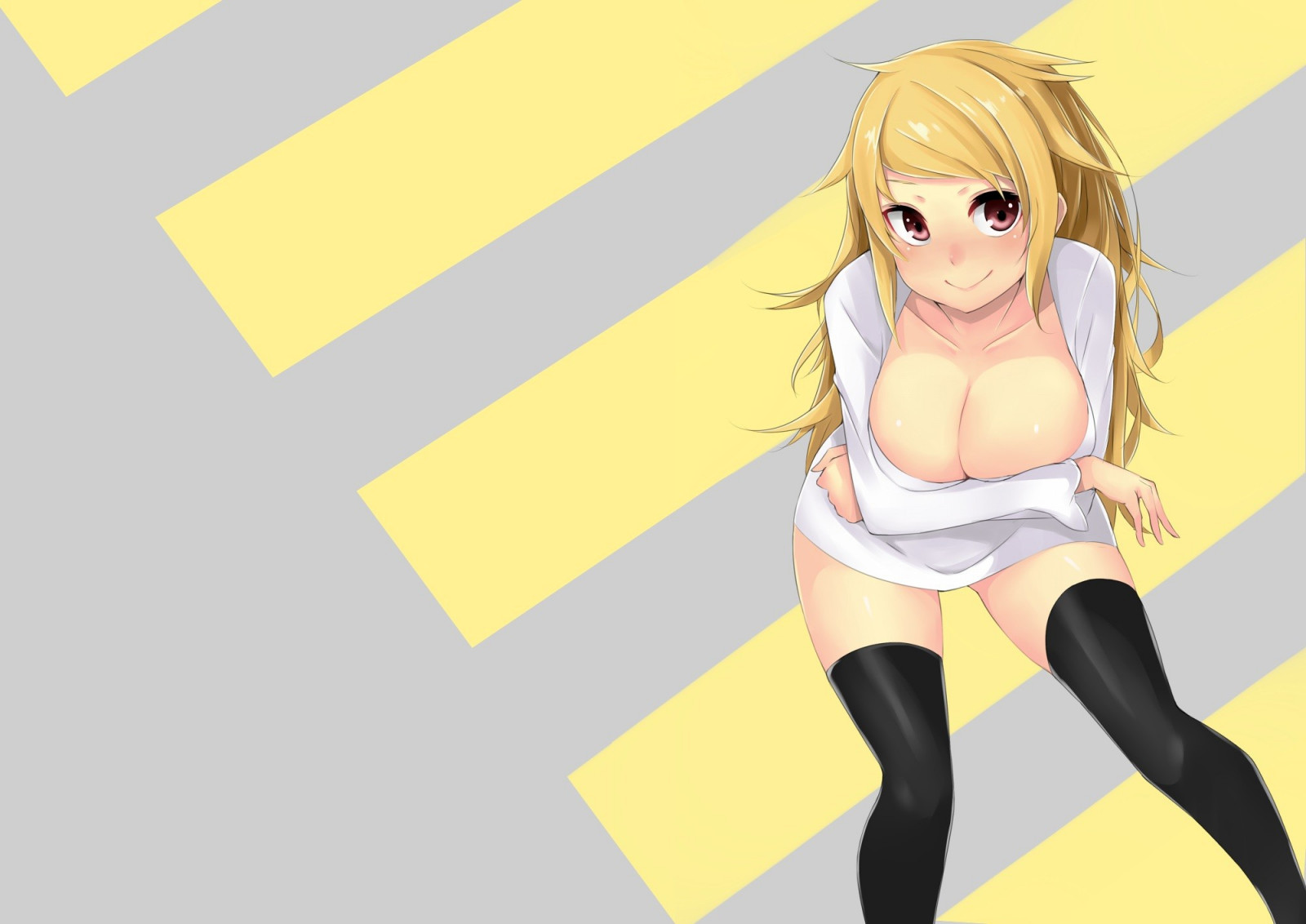 ilustrace, blondýnka, jednoduché pozadí, dlouhé vlasy, anime, anime dívky, minišaty, nohy, kreslená pohádka, podkolenky, výstřih, mangaka