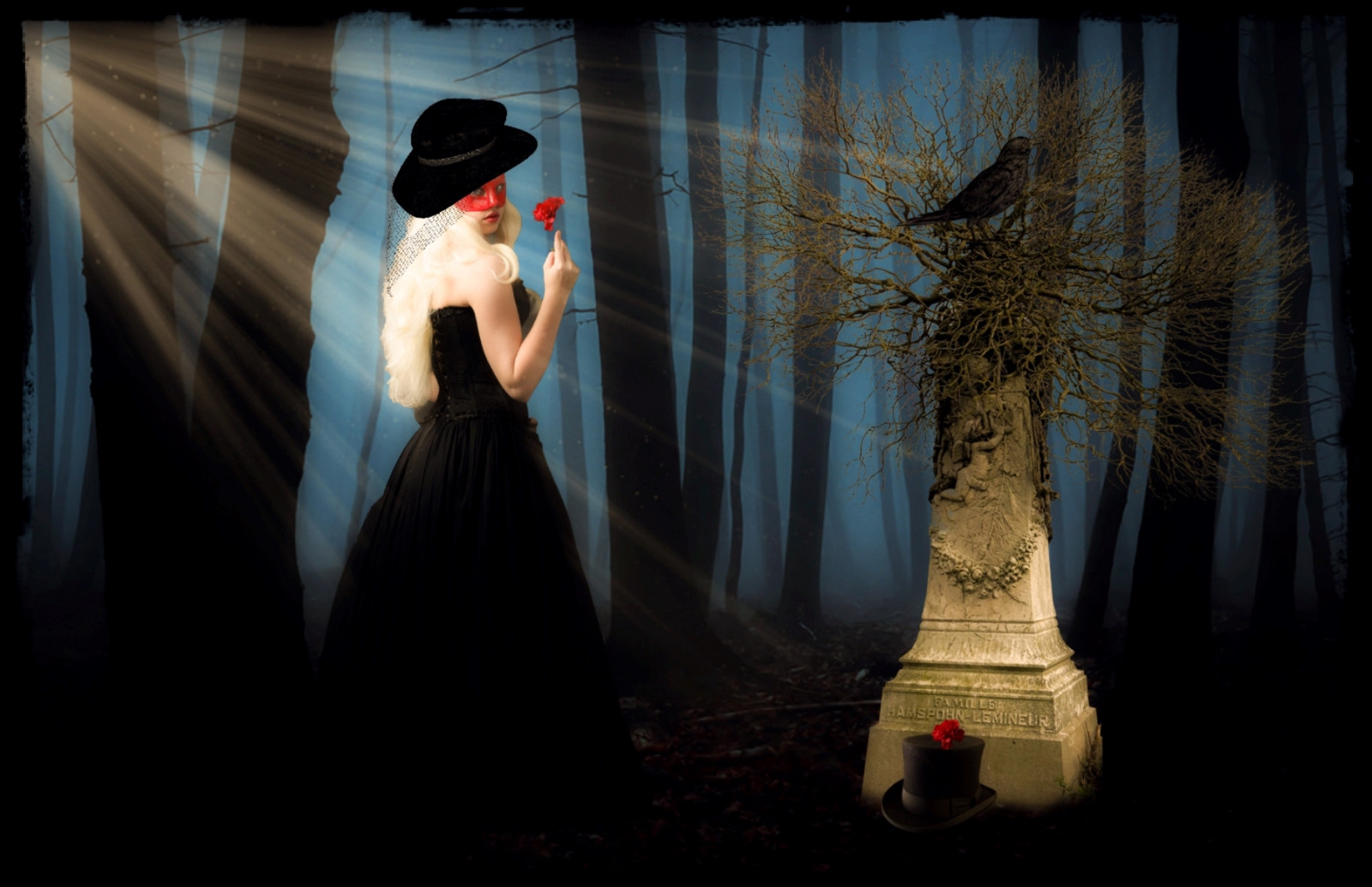 výzva, náhrobek, květ, les, temný, Lightroom, Photoshop, PhotoArt, photomanipulation, photoshopart, digitální umění, digitální, andykobel, faestock, DeviantArt, leden, 2017, žena, paprsky, fantazie