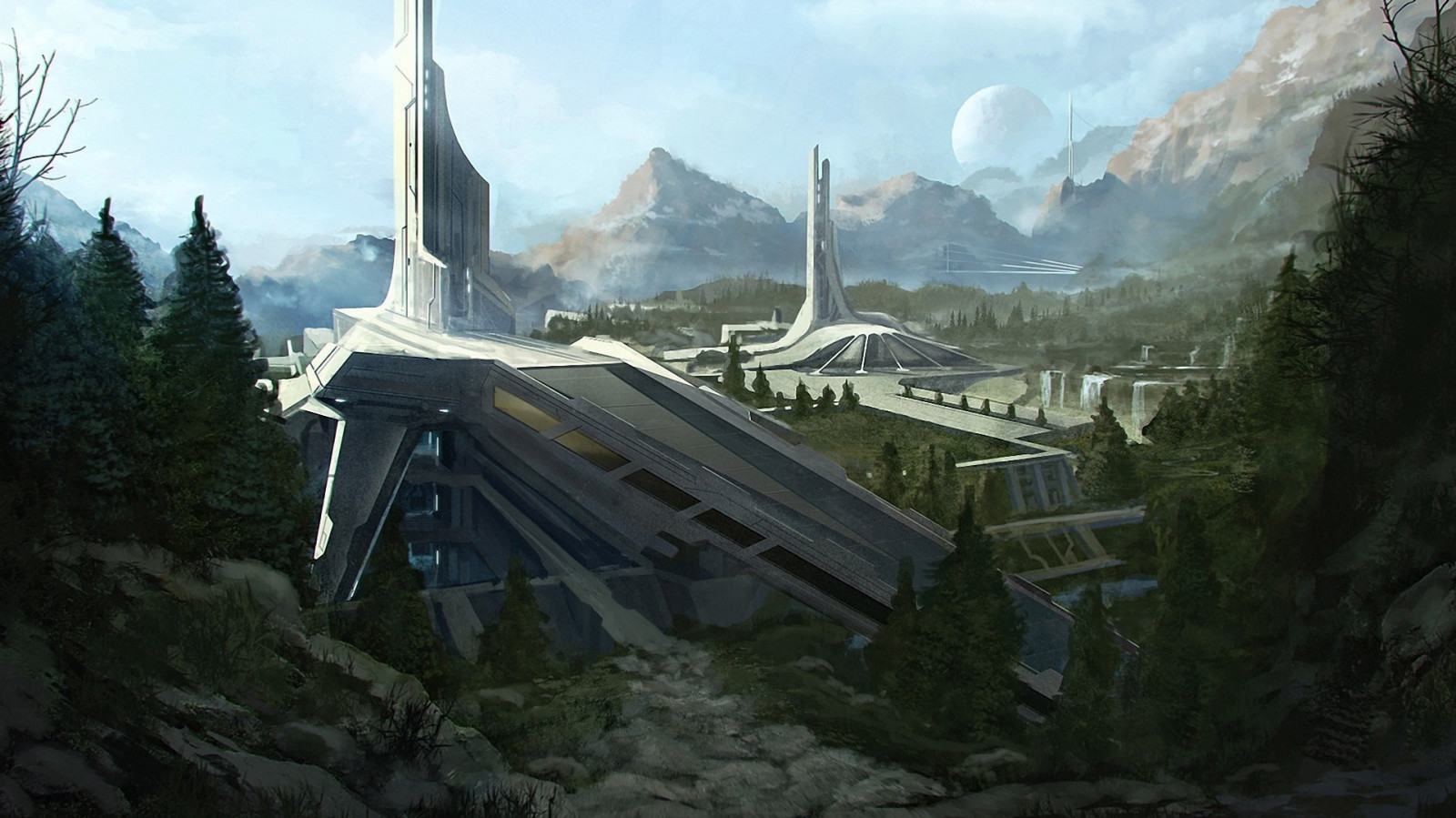 Science Fiction Monastery Wallpaper : science fiction, valley, Alps, forest clearing, monastery ...