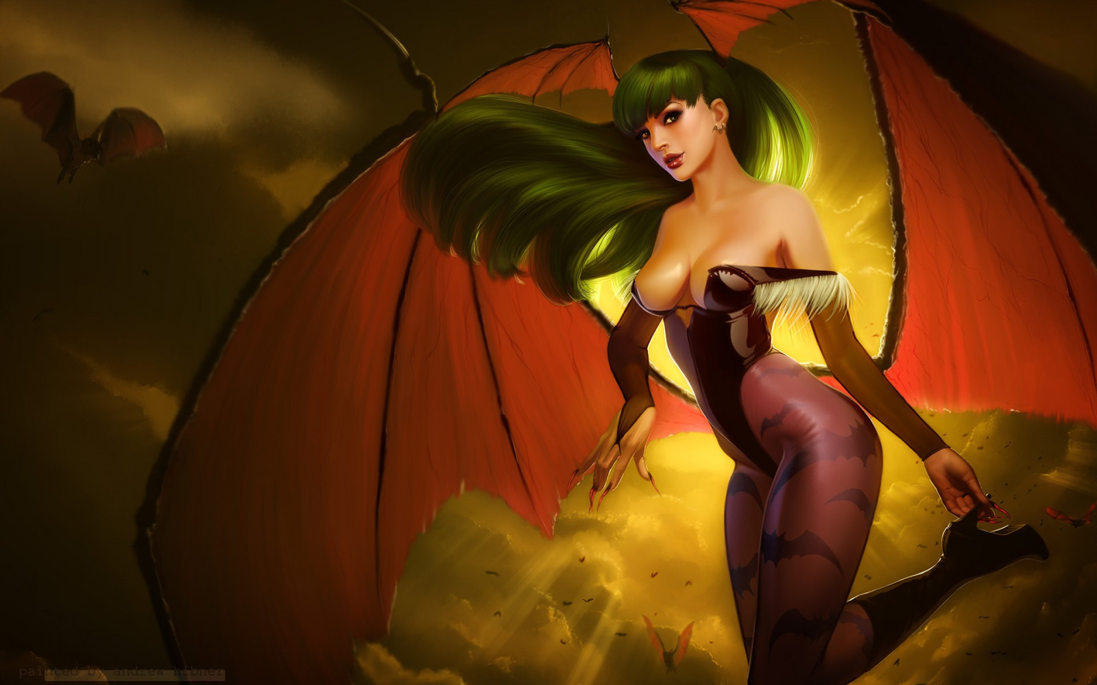 malování, ilustrace, anime, mytologie, Darkstalkers, Morrigan, Snímek obrazovky, počítač tapeta, fiktivní postava, mýtické zvíře