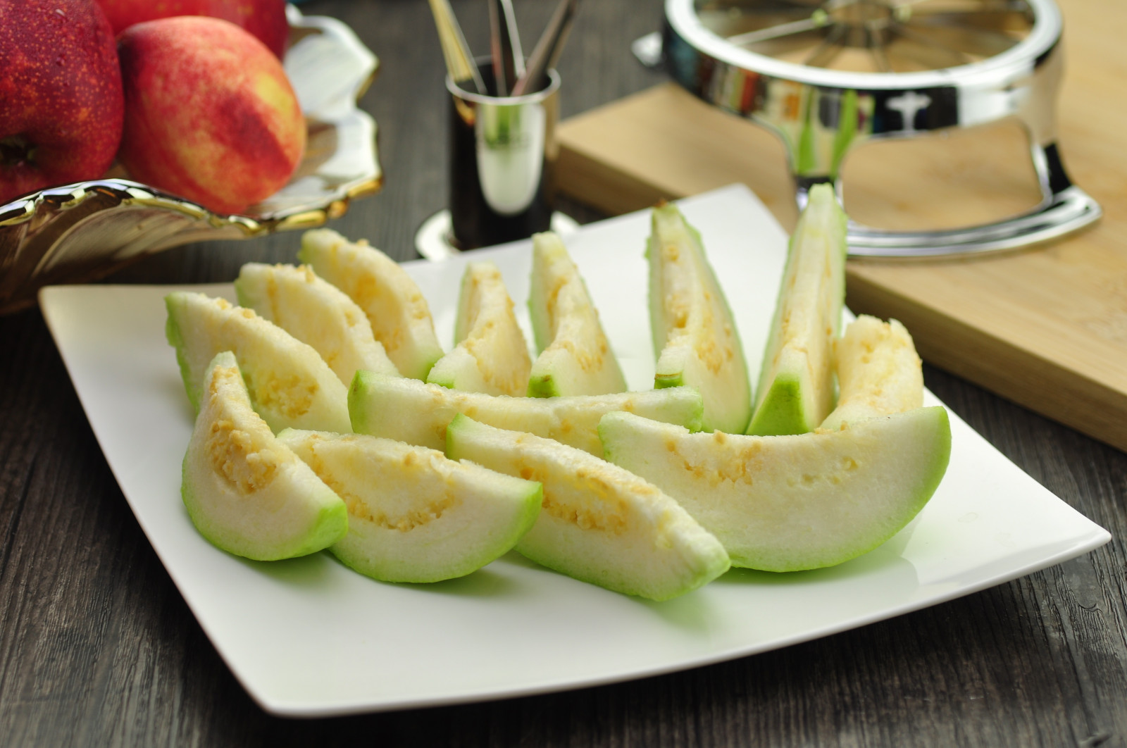 mad, frugt, morgenmad, æble, plante, måltid, fad, fremstille, jord plante, blomstrende plante, grøntsag, agurk græskar og melon familie, Cucurbita, skiveskåret, guava