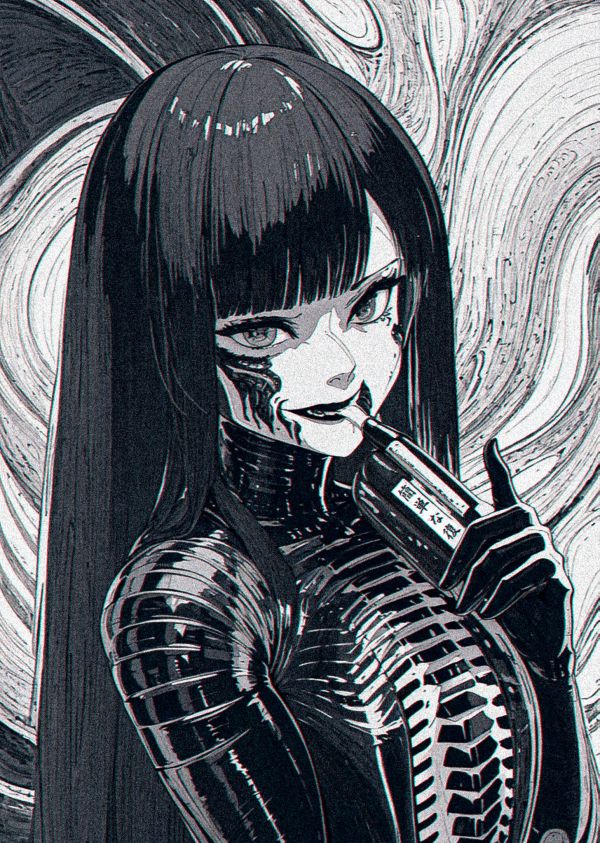 xenotrip,monochrome,seductive smile,long hair,artwork