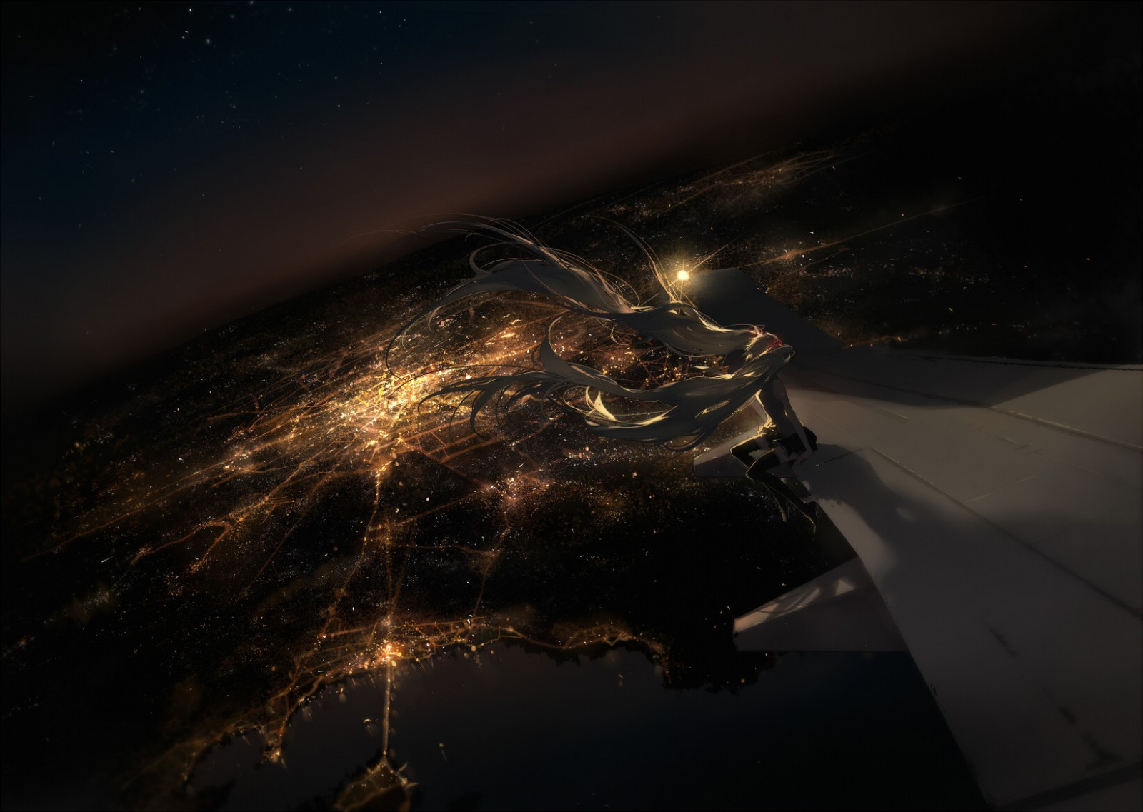 paesaggio, notte, anime, spazio, riflessione, aereo, Terra, Hatsune Miku, chiaro di luna, atmosfera, astronomia, leggero, stella, oscurità, immagine dello schermo, atmosfera della terra, spazio, oggetto astronomico