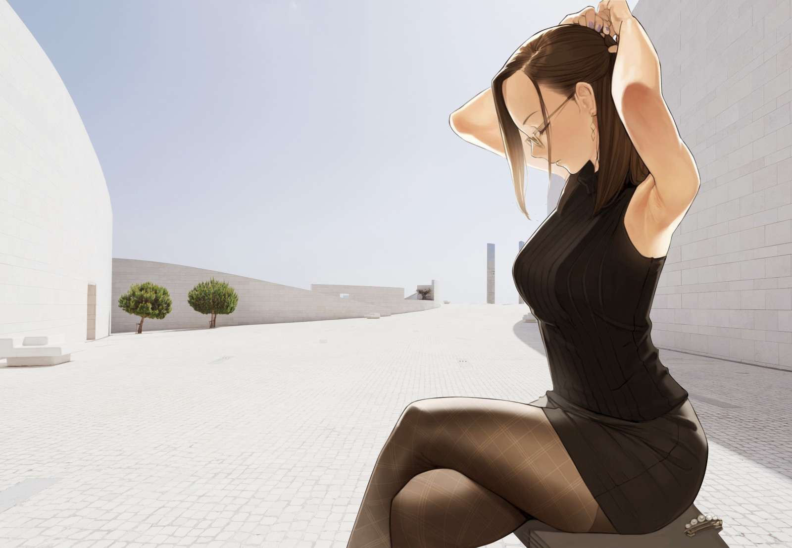 minimalismus, anime, černé šaty, brýle, bílý, Černá