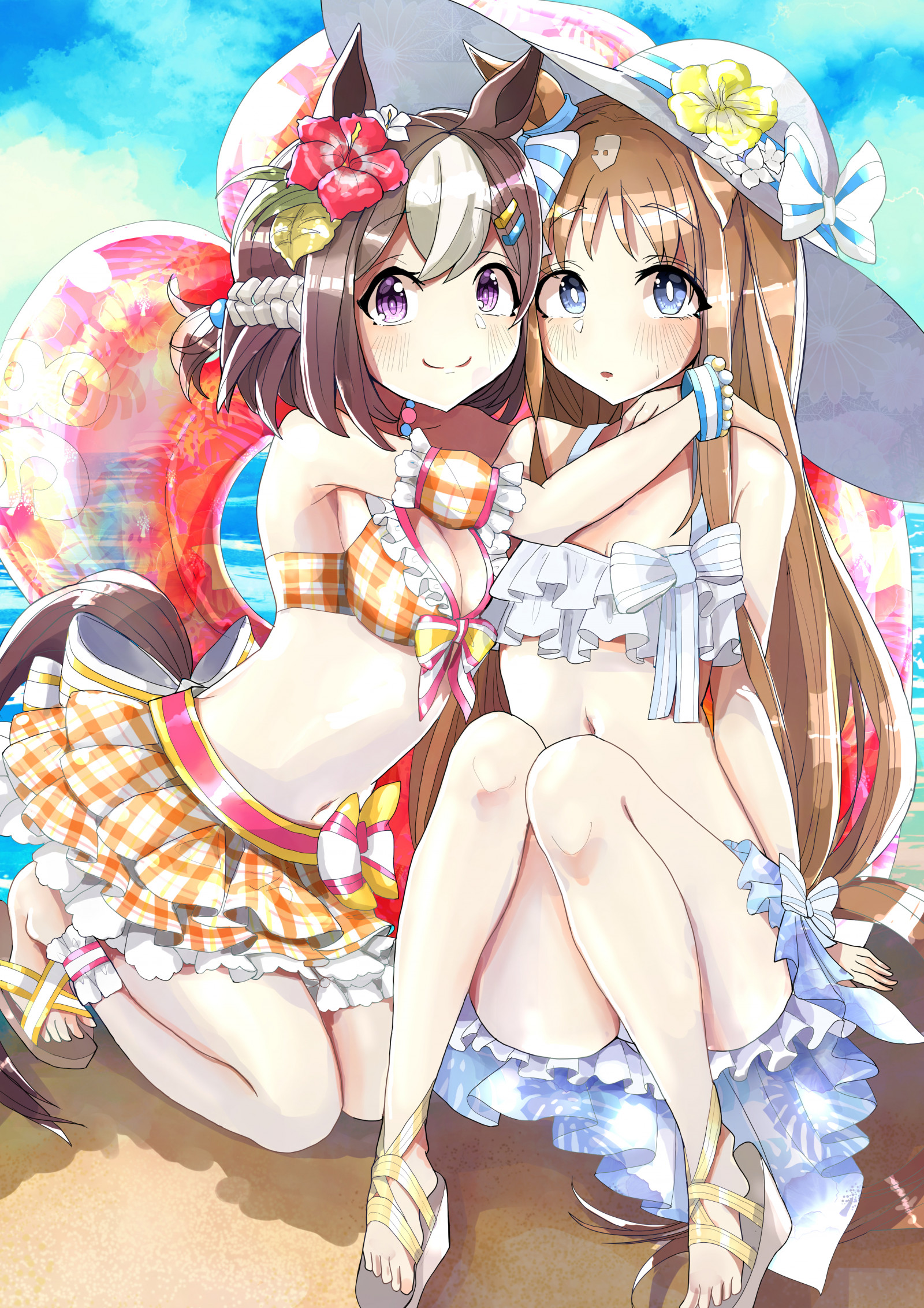 anime, anime dívky, Uma Musume Pretty Derby, Special Week Uma Musume, Grass Wonder Uma Musume, krátké vlasy, dlouhé vlasy, bruneta, horse girls, zvířecí uši, bikiny, umělecká díla, digitální umění, fan art