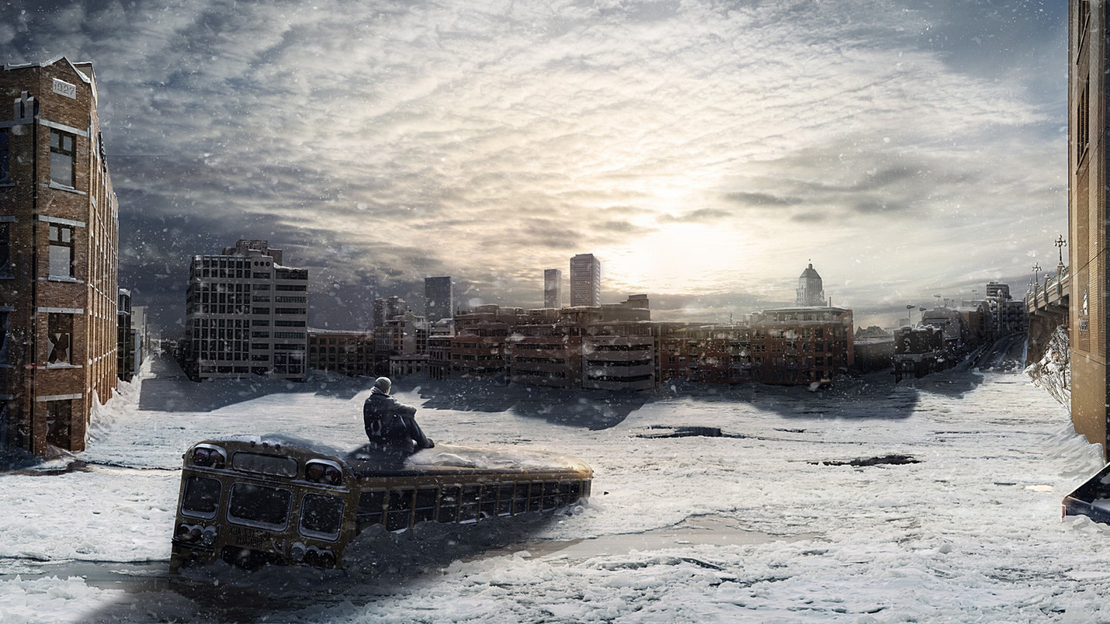 temple, art numérique, ville, Paysage urbain, Apocalyptique, se ruiner, ciel, neige, hiver, futuriste, Matin, solitude, les autobus, ruines, désolation, Météo, image, zone urbaine, histoire ancienne, Établissement humain