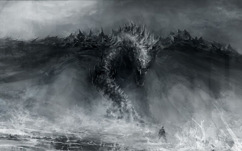 fantasy umění, moře, bouřka, mlha, drak, pobřeží fantasy umění, moře, bouřka, mlha, drak, pobřeží