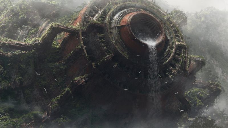 waterfall, vehicle, science fiction, Terrain, screenshot, atmosphere of earth waterfall, vehicle, science fiction, Terrain, screenshot, atmosphere of earth