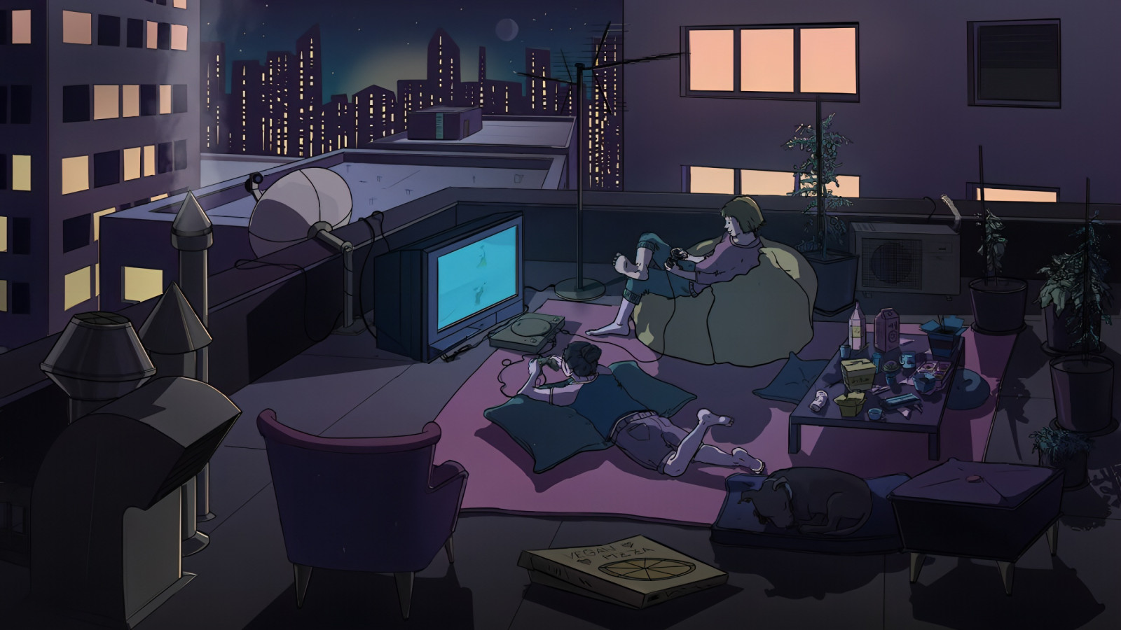 rooftopping, night, city, digital art, lights, peaceful, controllers, city lights