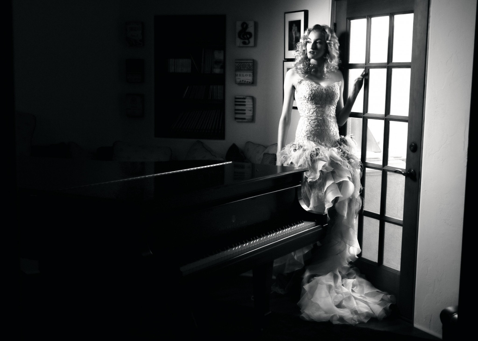 สีขาว, ดำ, ผู้หญิง, ขาวดำ, โมเดล, การถ่ายภาพ, เปียโน, เบา, ความมืด, ภาพ, ดำและขาว, ถ่ายภาพขาวดำ