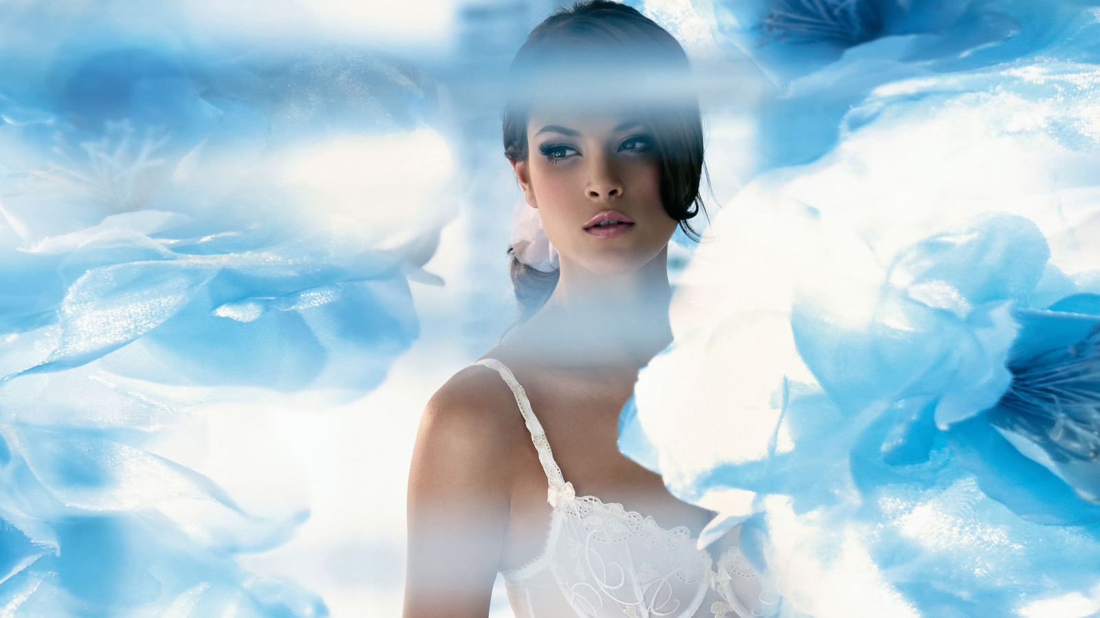 Kvinder, brunette, blå, foto manipulation, bh, Jenna Pietersen, romantik, kvinde, brud, computer tapet