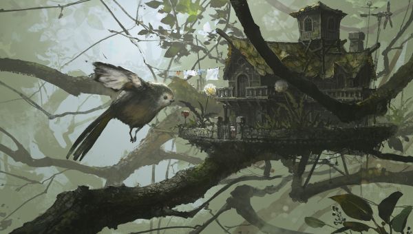 illustration,artwork,forest,tree house,su jian,Fantasy Architecture