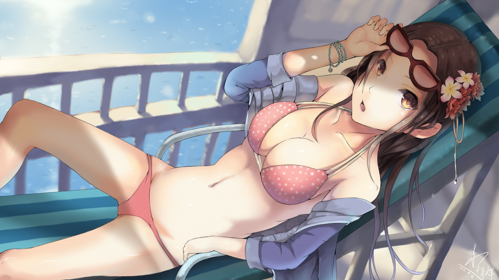 langt hår, anime, Anime piger, brunette, tegneserie, sort hår, brune øjne, mund, bikini, tøj, ben, skærmbillede, mangaka, interaktion