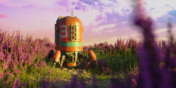 digital art,flowers,lavender,robot,sunlight,futuristic
