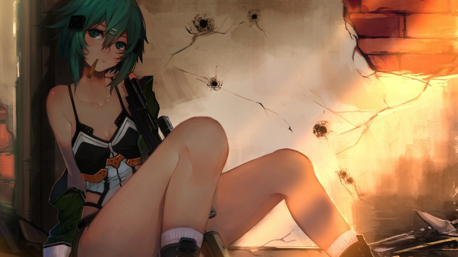 pistole, anime, anime dívky, krátké vlasy, Sword Art Online, zbraň, černé vlasy, aqua oči, Asada Shino, odstřelovací puška, komiks, aqua hair, pušky, Gun Gale Online, oblečení, kulka, Snímek obrazovky