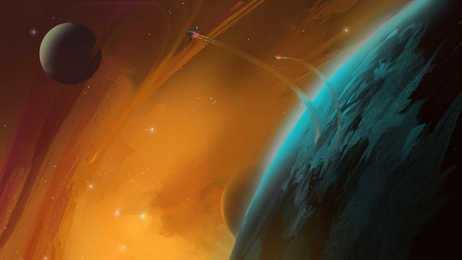 slunečnímu záření, planeta, prostor, odraz, Země, space art, Měsíc, modrý, sci-fi, oranžový, atmosféra, vesmír, Snímek obrazovky, počítač tapeta, Atmosféra Země, vesmír, astronomický objekt