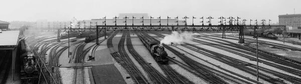 cityscape, vehicle, train, railway, train station, monochrome