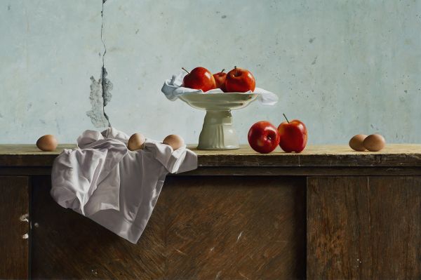 painting,artwork,eggs,red,table,wood