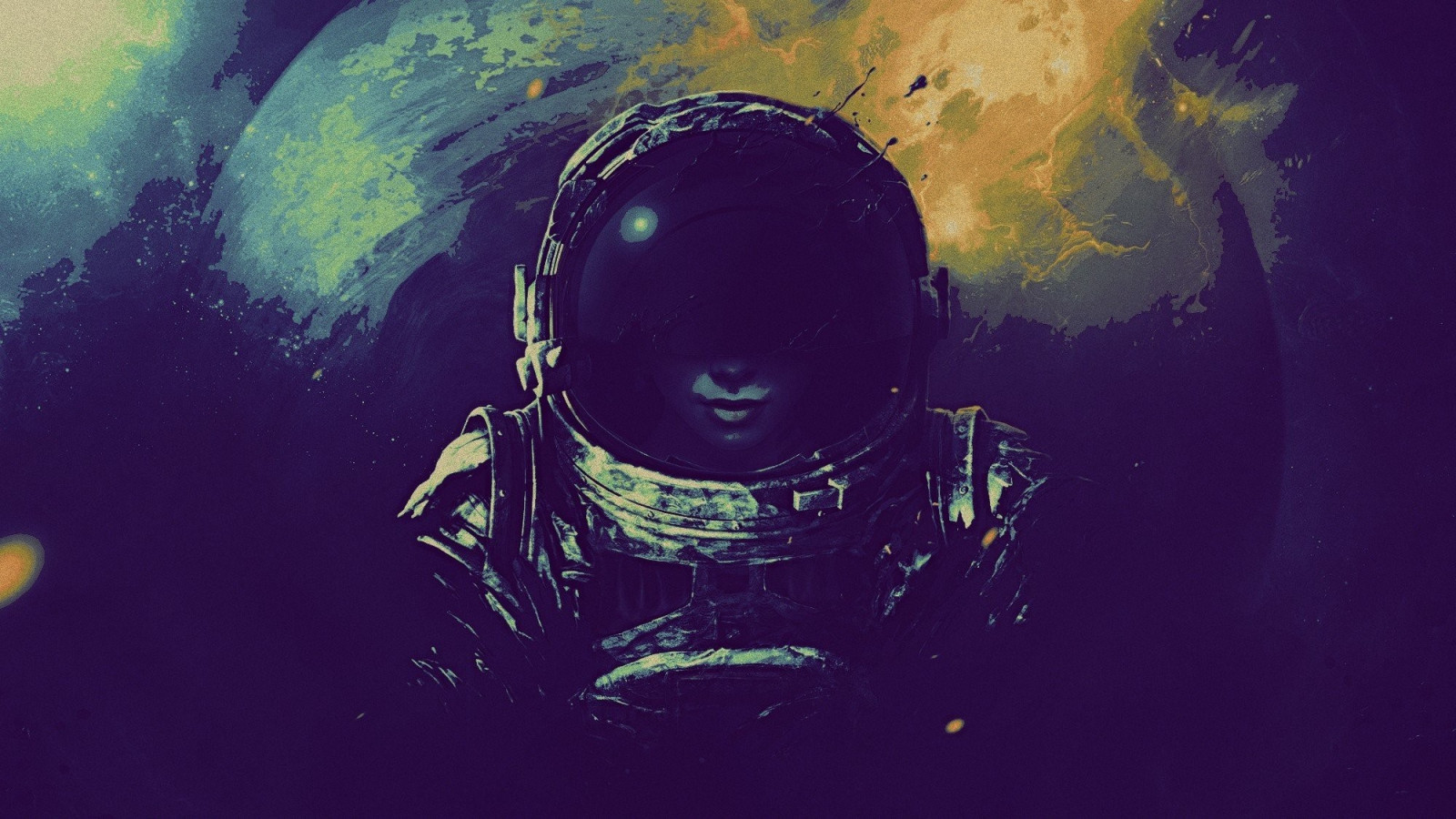 illustrazione, spazio, opera d'arte, Terra, astronauta, mondo, atmosfera, ARTE, oscurità, immagine dello schermo, grafica, 2000x1125 px, sfondo del computer, font, equipaggiamento per la protezione personale, effetti speciali, organismo, fenomeno, visual arts