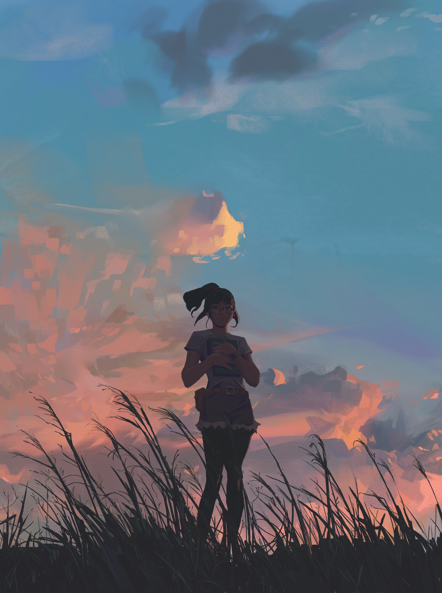 Sonnenaufgang, Frau, Wolken, Gras, Pferdeschwanz
