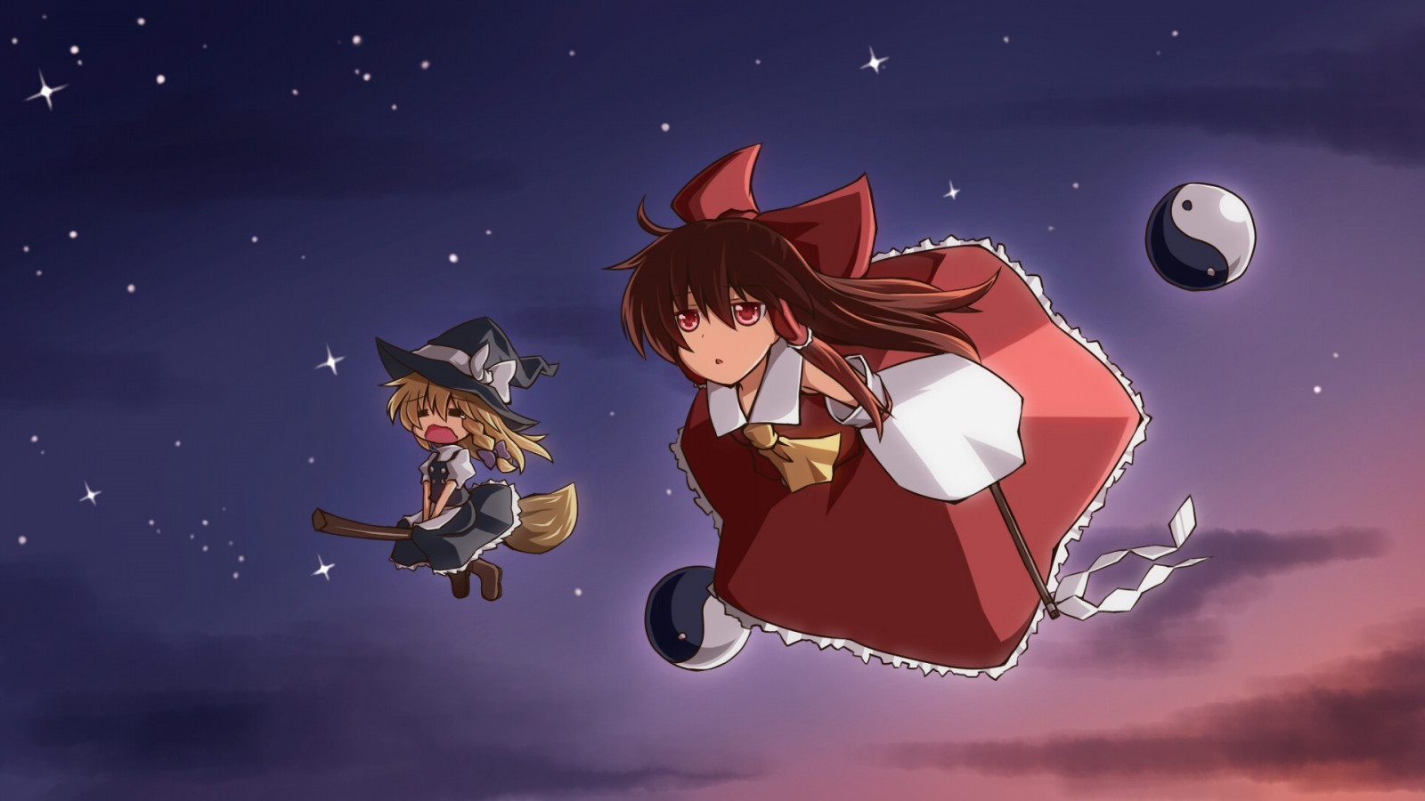 ilustracja, Anime, Touhou, rysunek, Hakurei Reimu, Kirisame Marisa, zrzut ekranu, 1920x1080 pikseli, Tapeta komputerowa