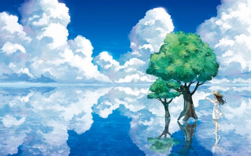 anime, reflection, sky, sunlight, trees, sea anime, reflection, sky, sunlight, trees, sea