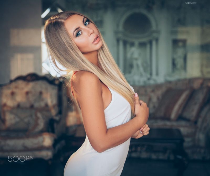 donne, modello, ritratto, bionda, capelli lunghi, guardando spettatore