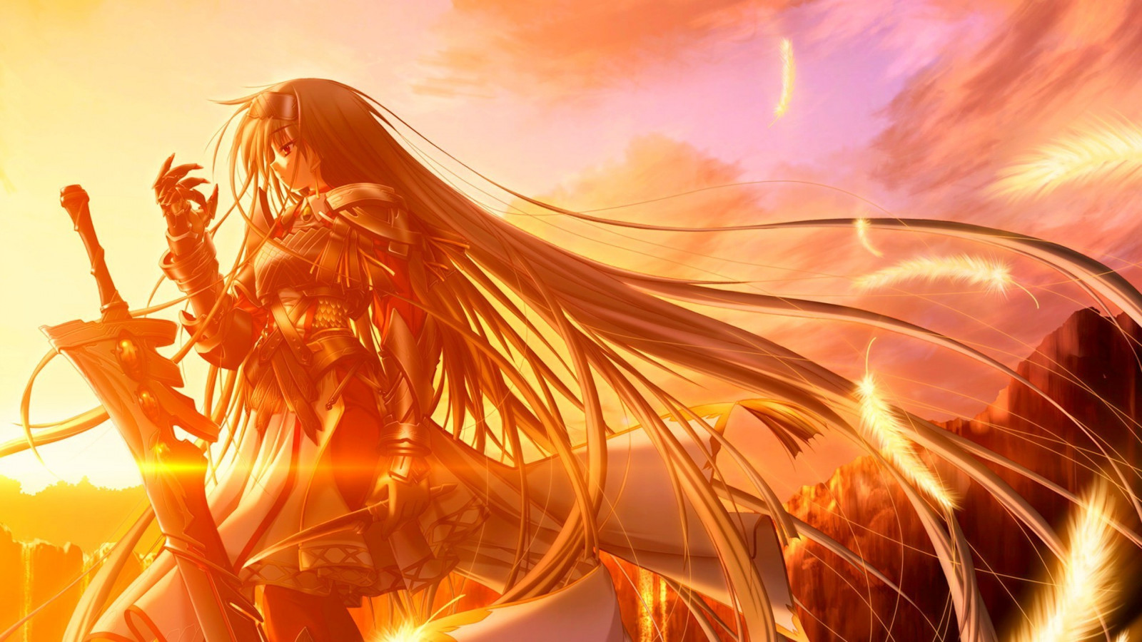 slunečnímu záření, ilustrace, anime, anime dívky, peří, brnění, meč, podzim, květ, plamen, 1920x1080 px, počítač tapeta, fraktální umění, makro fotografie