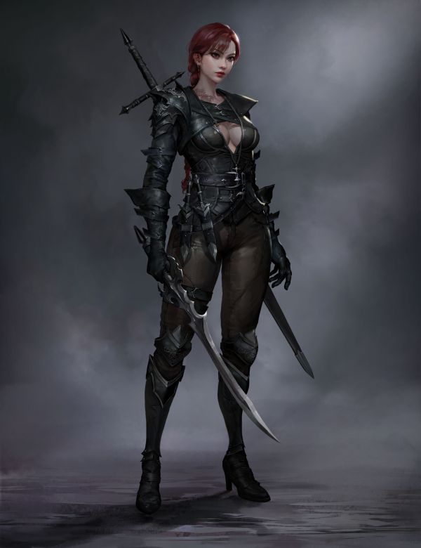 artwork, women, fantasy girl, gray background, standing, assassins