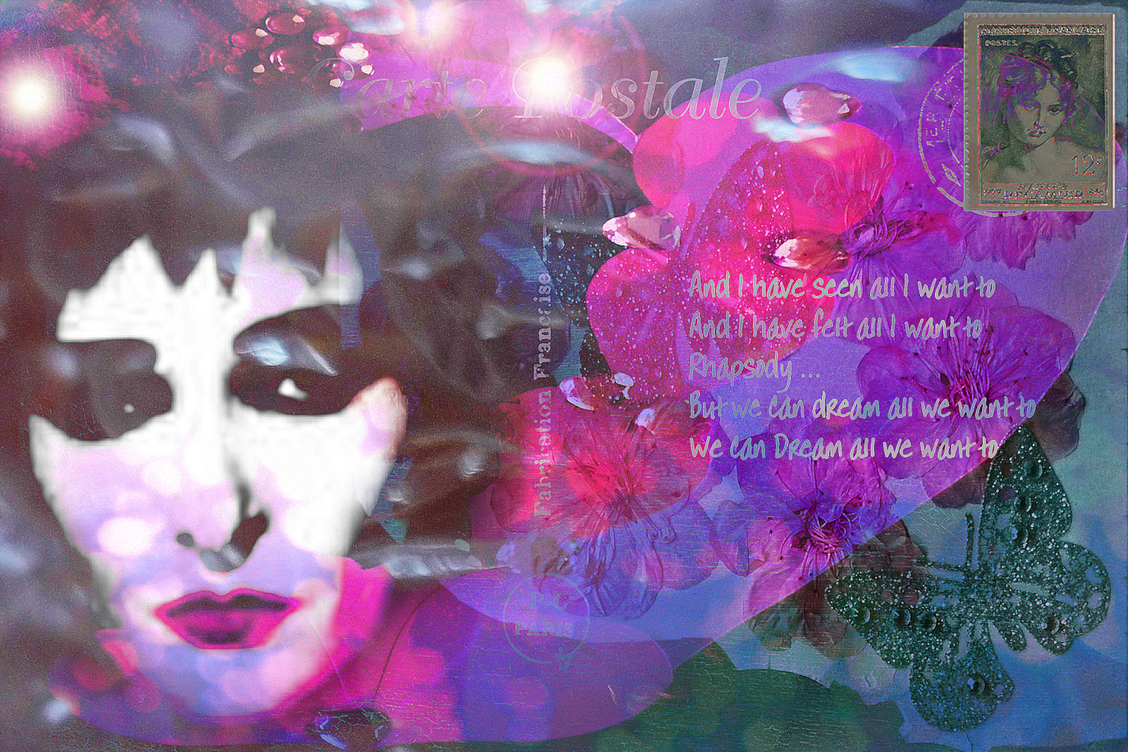 tvář, koláž, nachový, fialový, text, hudba, růže, růžový, pankáč, purpurová, jiskří, pohlednice, UMĚNÍ, květ, rostlina, vrstvy, zábava, srdíčka, goth, okvětní lístek, tvořivý, photomanipulation, textury, montáž, počítač tapeta, kvetoucí rostlina, růže rodina, růže objednávka, digitalartwork, orazítkovat, vividcolour, poštovní známka, Pohlednice z jejich strany, Sušené odstíny, Chefjim, Photoshopelements9, Amgmixmaster5challenge, Sedmnáctiletépříspěvkyvzdálenázáruky2016všechnypříspěvkyzdrojskupiny, Rapsodie po boku, Jewelledbutterflies, Heartshapedjewels, Pse9effectsdifferenceinversionsimplepaintdaubs