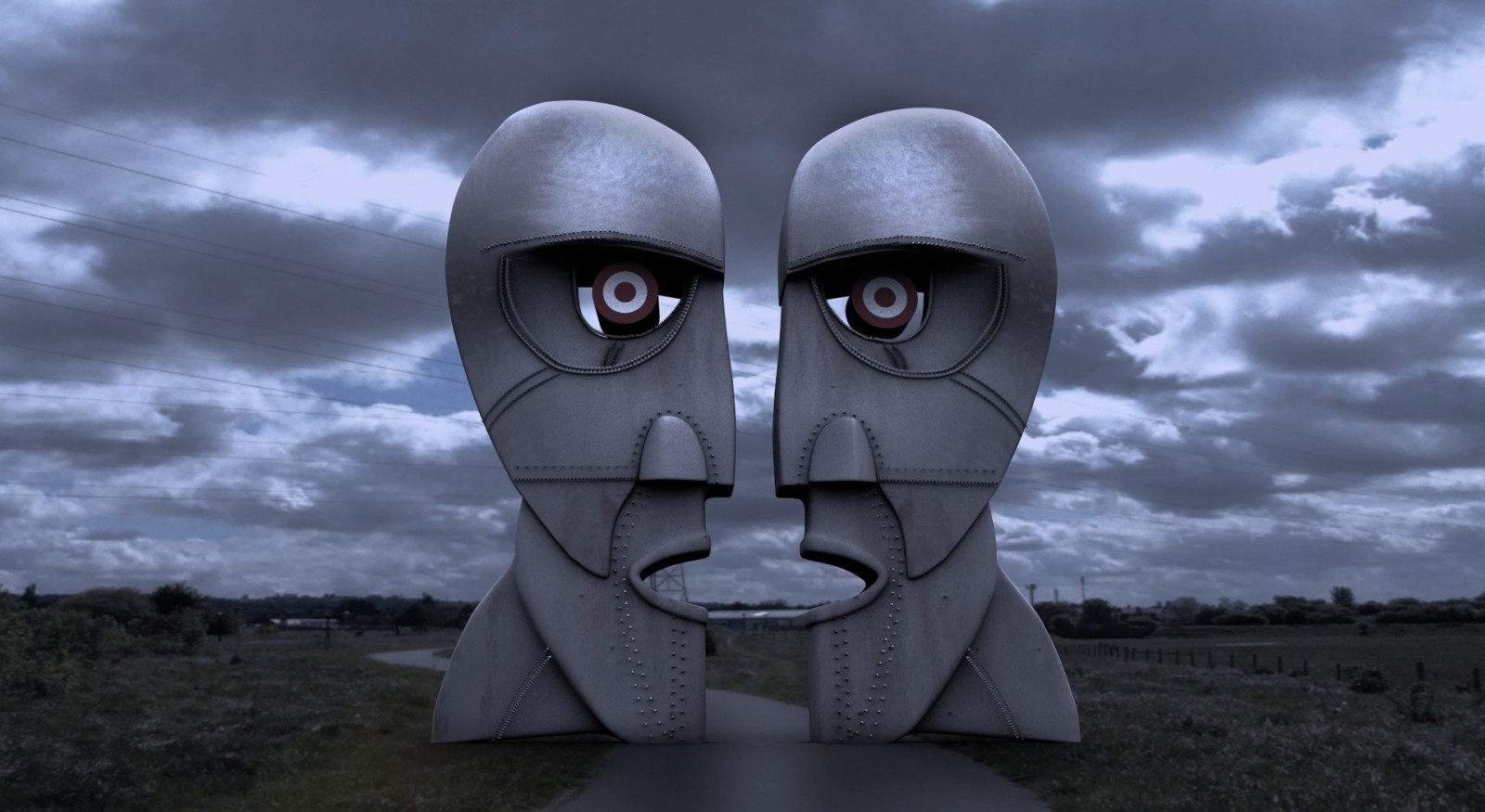 Árboles, naturaleza, campo, la carretera, Obra de arte, Nubes, simetría, dibujos animados, noche, metal, escultura, Pink Floyd, La campana de división, ART, oscuridad, captura de pantalla, Papel pintado de la computadora, 1922x1052 px