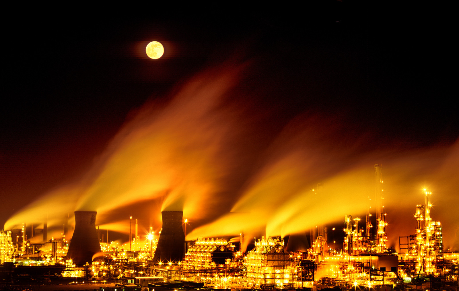 panoráma města, noc, Měsíc, panoráma, oheň, oranžový, větrný, soumrak, výstřel, Davidson, abigfave, střední, formát, plameny, Greig, táborák, rafinerie, stacs