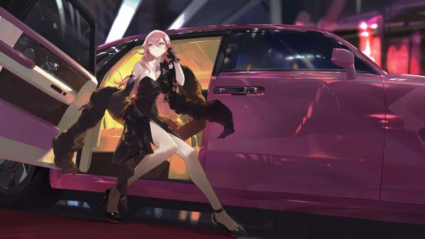 anime,anime girls,dress,gloves,heels,pink hair