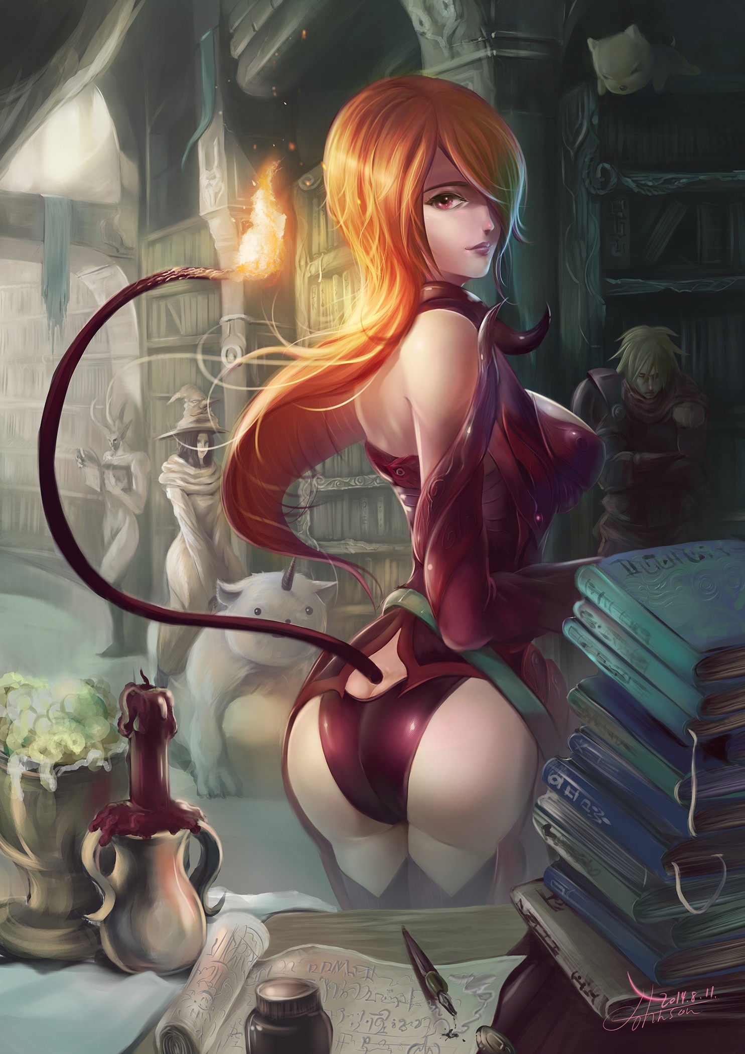 illustrazione, capelli lunghi, anime, anime girls, culo, occhi rossi, i fumetti, immagine dello schermo