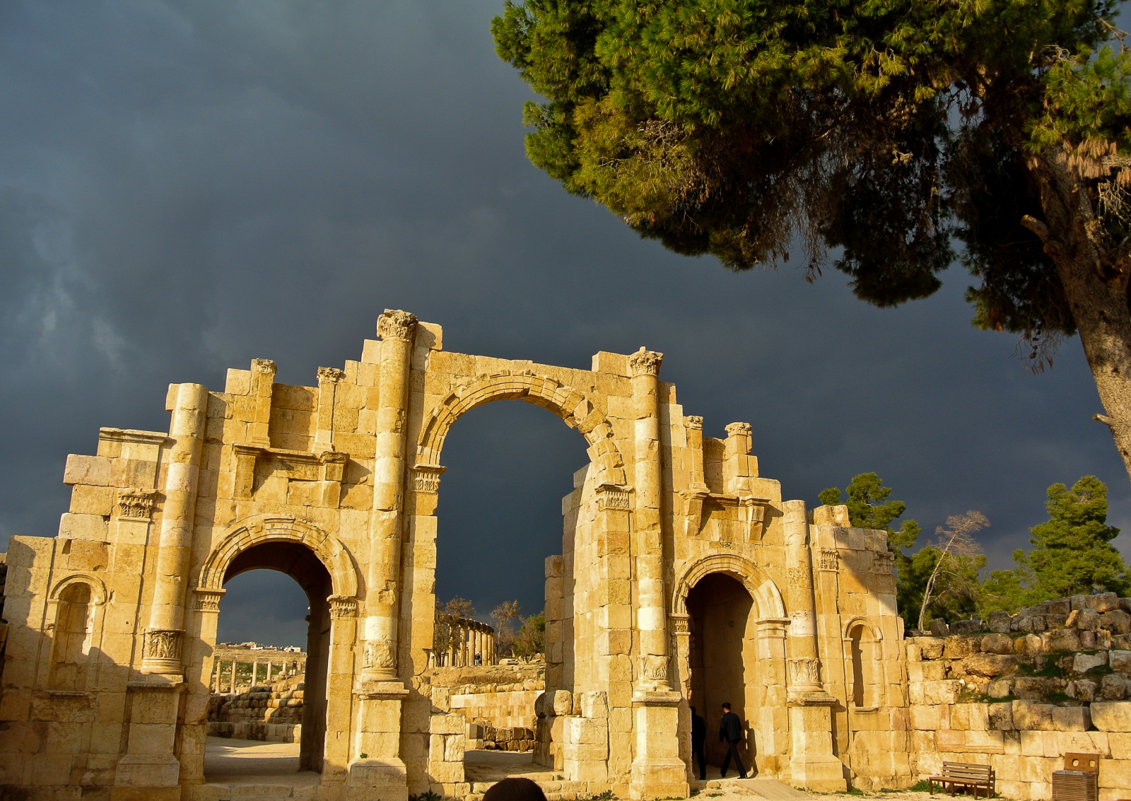 světlo, stín, slunce, strom, mraky, licht, mraky, Jordán, Kati, syn, Schatten, baum, Jerash, jordanien, Ruinen, ruines, 2014, Gerasa, pradávné město, Antikestadt, nikon1v1, Dekapolis