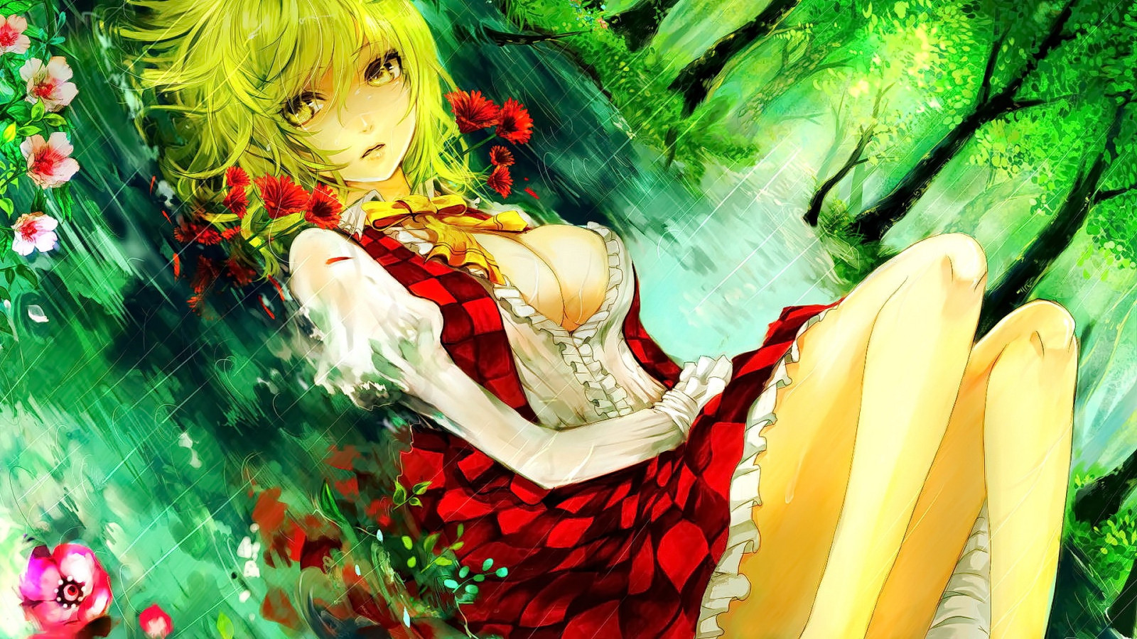 ilustrace, odvrátila, anime, anime dívky, krátké vlasy, Zelené vlasy, květ