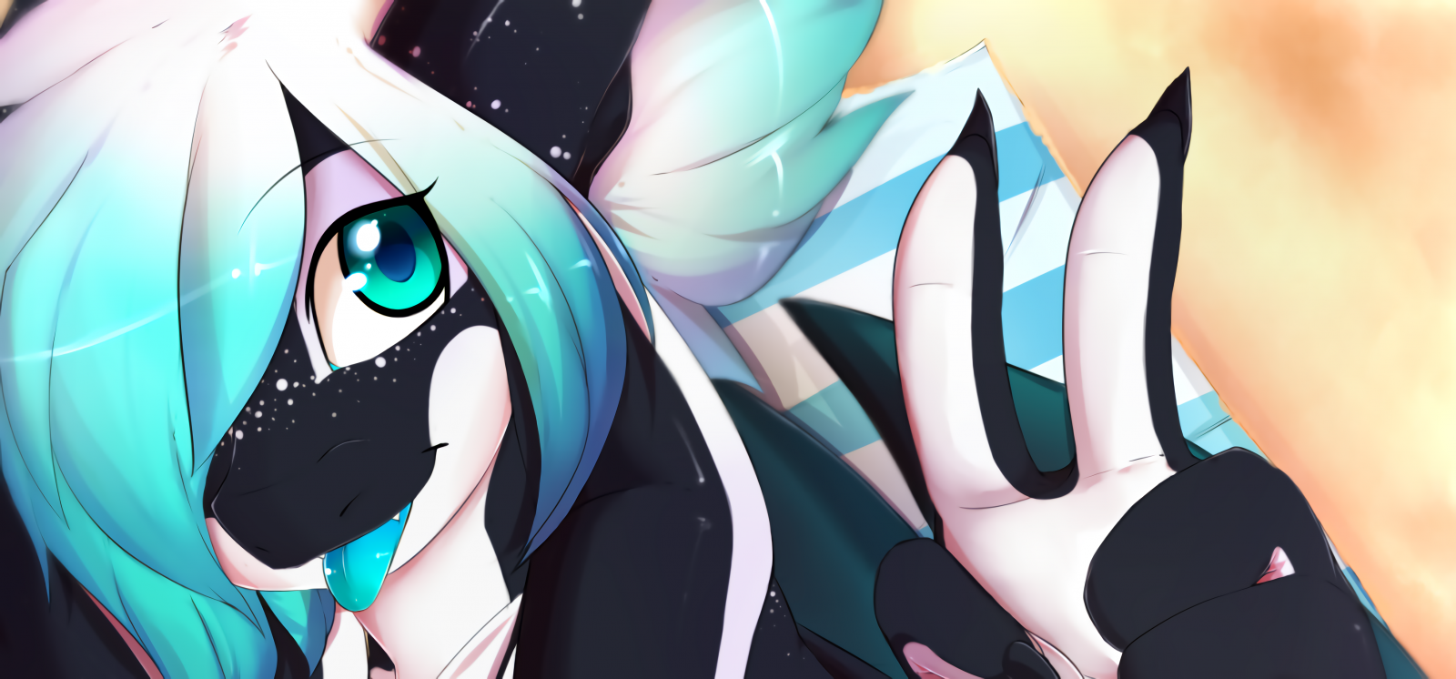 srstnatý, penelope, rainbowscreen, tongue out, mírové znamení, hair over one eye