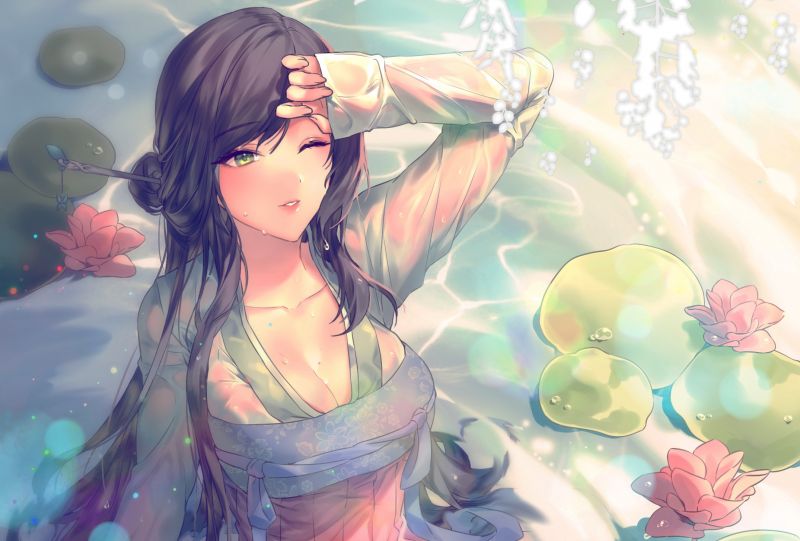 Anime, Chicas anime, ojos verdes, Plantas, Flores, Grandes tetas Anime, Chicas anime, ojos verdes, Plantas, Flores, Grandes tetas