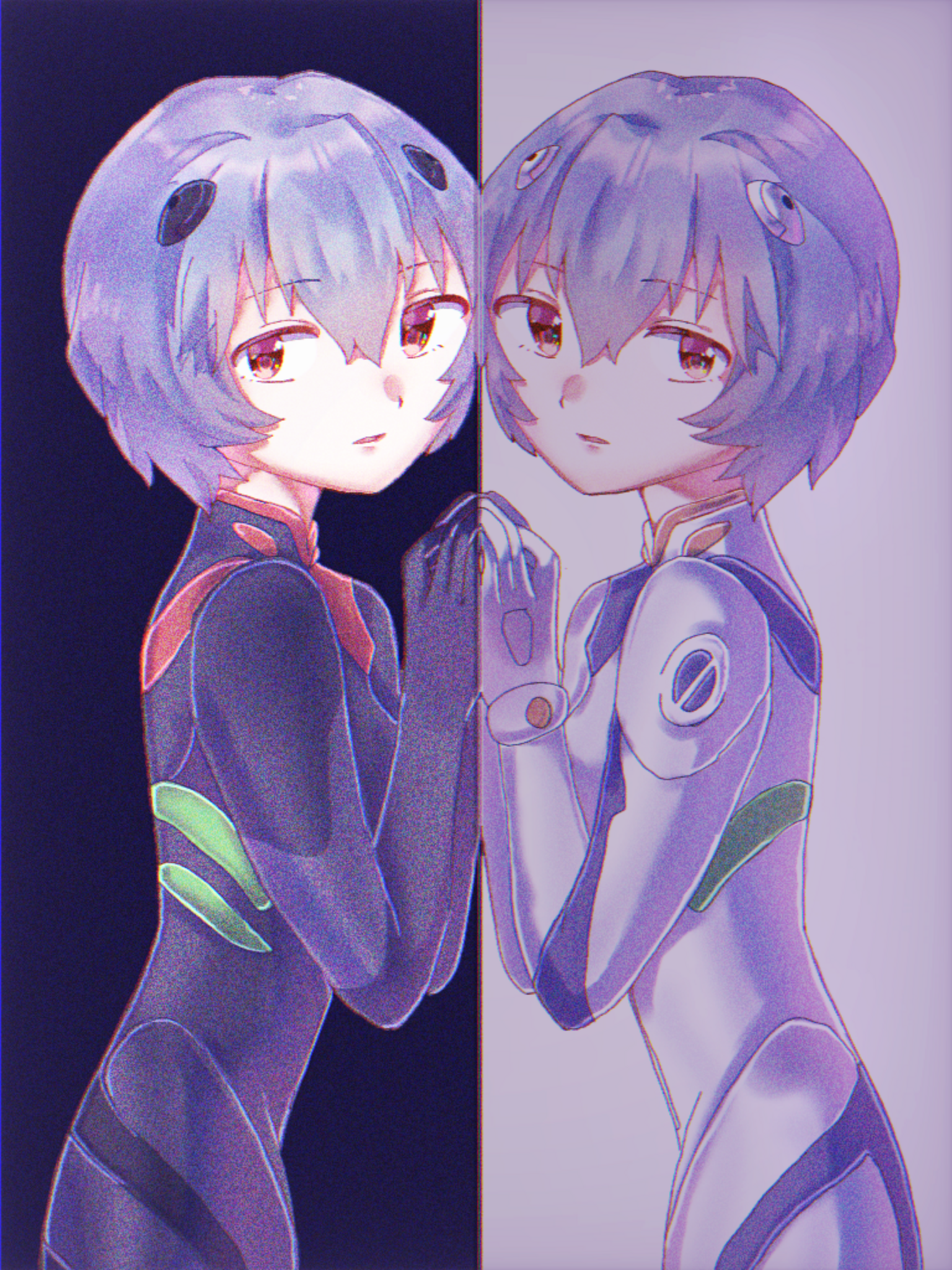 anime, gadis anime, Super Robot Taisen, Rebuild of Evangelion, Neon Genesis Evangelion, Ayanami Rei, rambut pendek, rambut biru, two women, karya seni, seni digital, karya penggemar