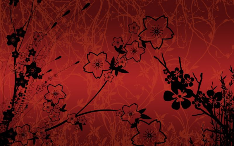 illustration, flowers, red, branch, leaves, black illustration, flowers, red, branch, leaves, black