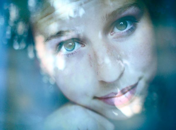 blue, window, glass, girl, portrait, selfportrait