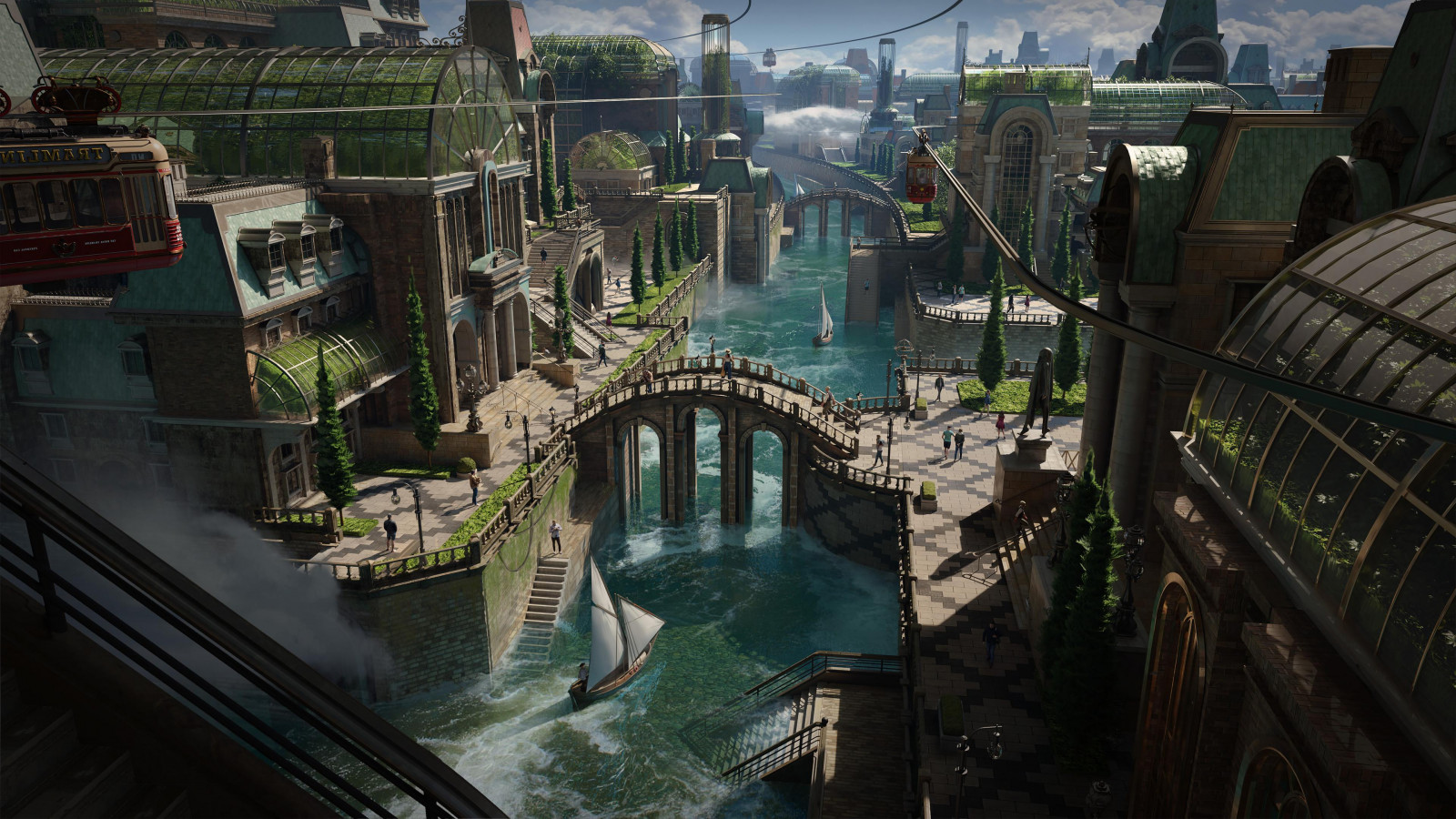 fantasy umění, fantasy město, digitální umění, Steampunk, tramvaj, umělecká díla