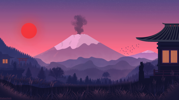 Gabachek,Sun,mountain view,Japan,fox girl,2D Flat