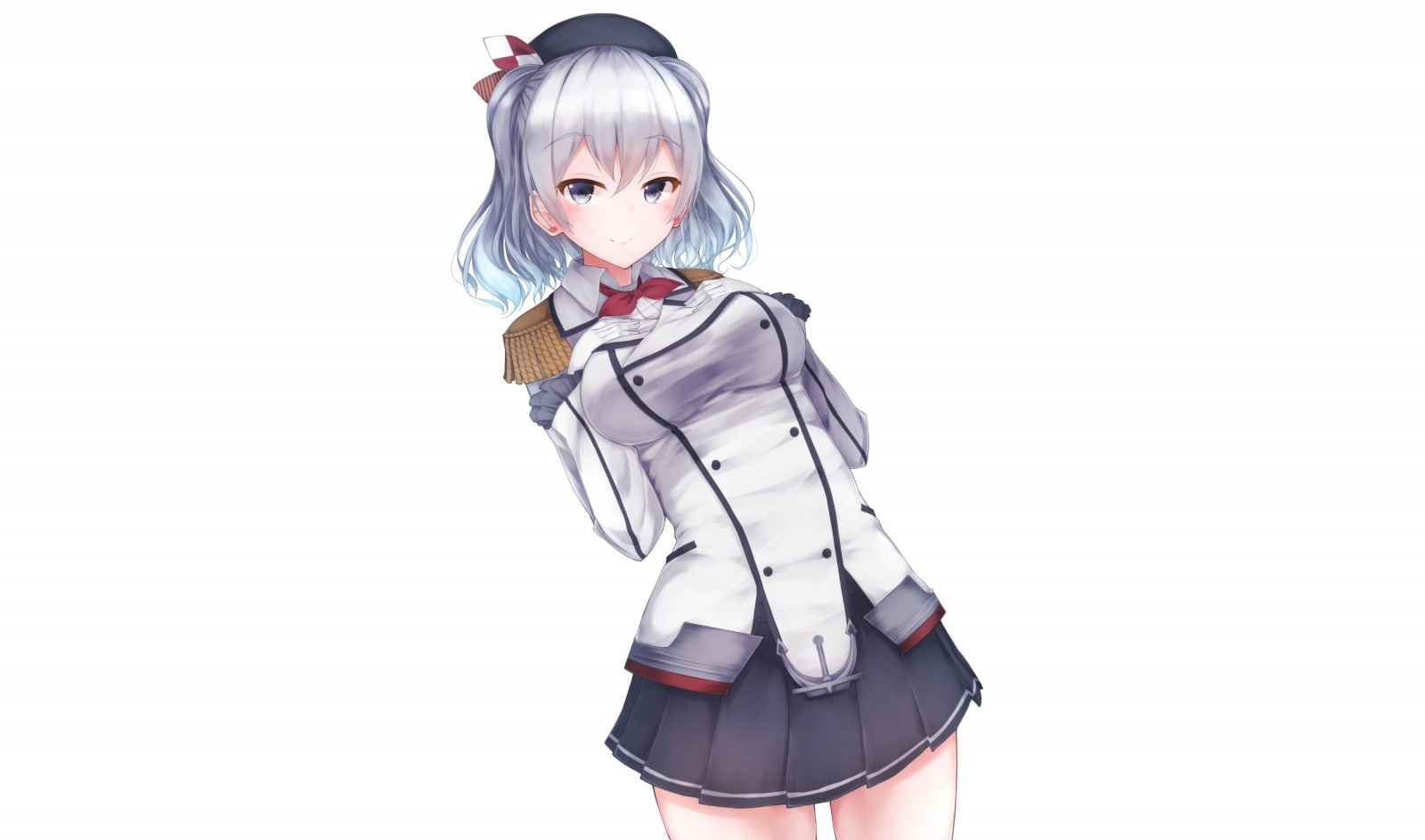 Enkel baggrund, anime, Anime piger, blå øjne, hat, Kantai Collection, sølv hår, nederdel, uniform, Kashima KanColle, figur, mangaka, 3000x1771 px