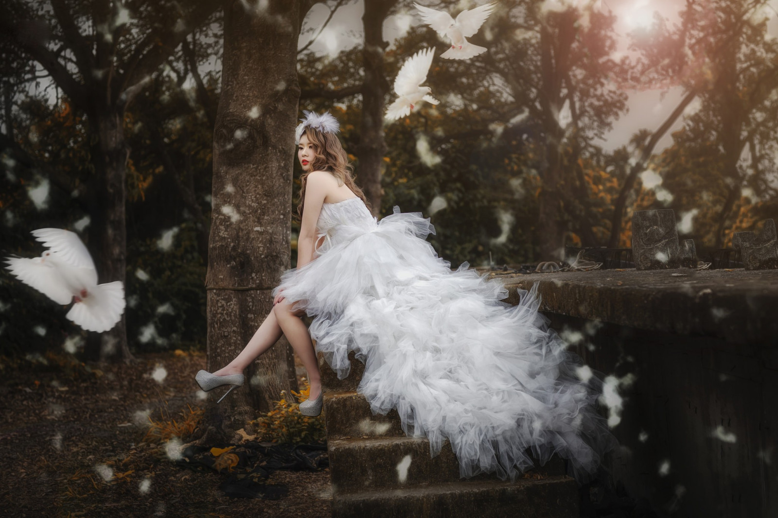 lumina soarelui, femei, model, arta fantezie, asiatic, zăpadă, iarnă, rochie, Modă, arc, copac, toamnă, floare, vreme, sezon, mireasă, fotografie