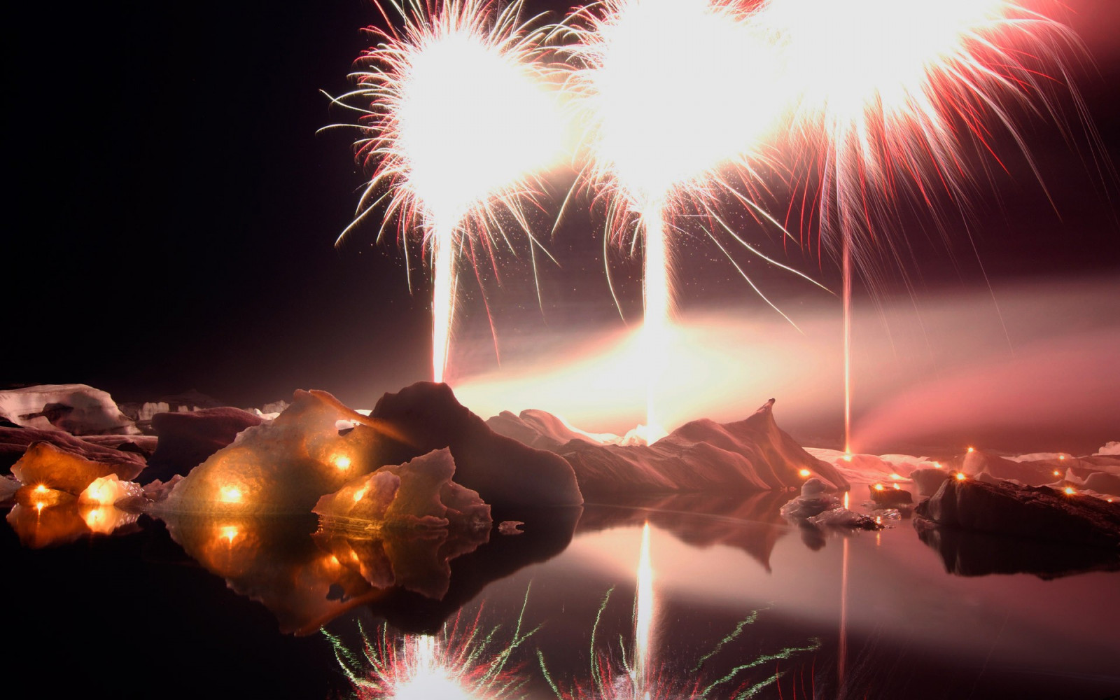 lumières, nuit, eau, Roche, réflexion, ciel, longue exposition, iceberg, feux d'artifice, cierge magique, Islande, un événement, des loisirs, loisirs de plein air